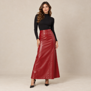 Red leather maxi skirt, Scandinavian Womenswear